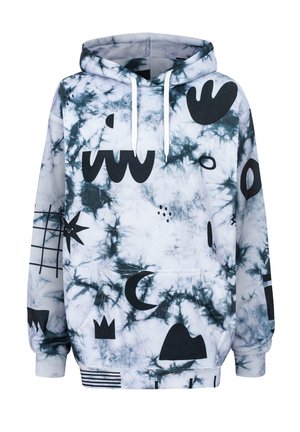 Pelēks un balts raibais kapucis ar dažādiem melniem abstraktiem motīviem, ar kengura kabatu un saišu kapuci.