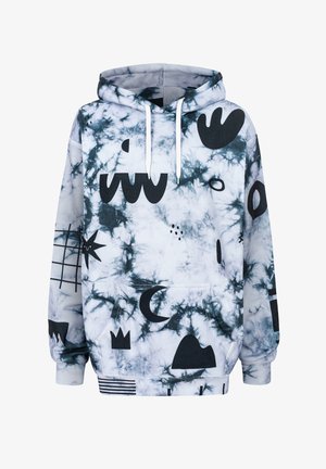Pelēks un balts raibais kapucis ar dažādiem melniem abstraktiem motīviem, ar kengura kabatu un saišu kapuci.