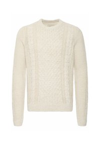 Jersey de punto trenzado en color crema con un escote redondo, patrones texturizados, puños y dobladillo acanalados, y una tejedura gruesa y acogedora en toda su extensión.