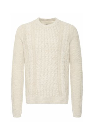 Cremiger Kabelstrickpullover mit rundem Halsausschnitt, texturierten Mustern, gerippten Bündchen und Saum sowie einem dicken, gemütlichen Gewebe.
