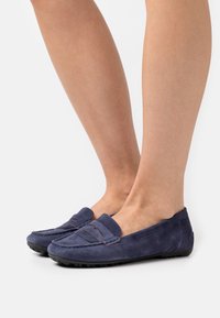 Sinised sametist loafers madala profiiliga ja ümarate varvastega. Omab õmbluste detaile ja libiseva disaini. Tekstuuriga kummist tald haarde jaoks.