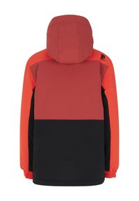 Wasserdichte Jacke mit einem rot-schwarzen Farbblockdesign, mit Kapuze und elastischen Bündchen für einen sicheren Sitz. Matten Textur mit Logodetail.