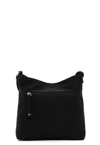 Schwarze Handtasche aus strukturiertem Stoff mit glatter Oberfläche. Verfügt über eine Reißverschlusstasche auf der Vorderseite und einen verstellbaren Schultergurt.