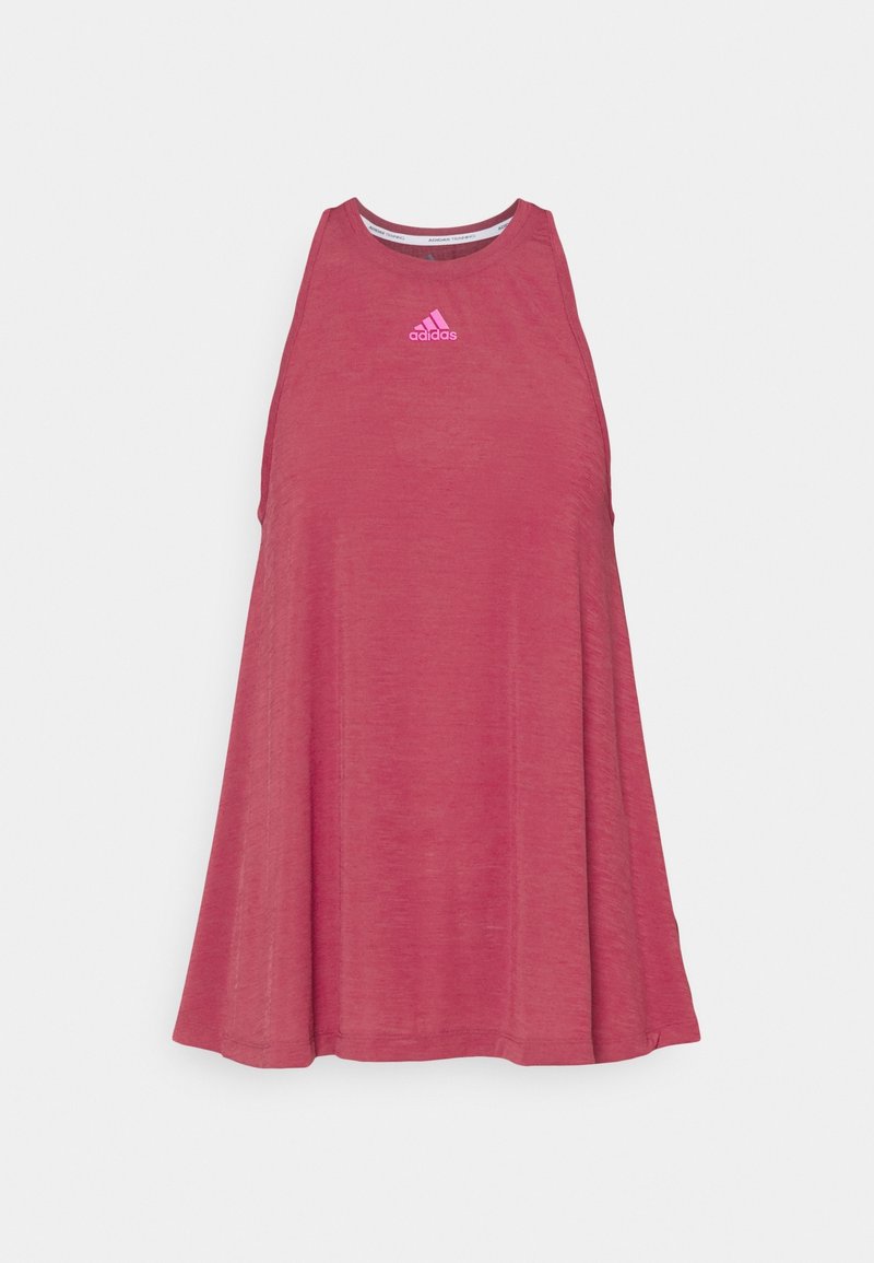 Ruusuvärinen hihaton mekko, jossa on laskostettu muoto, pyöreä pääntie ja hienovarainen rakenne. Rinnassa on pieni Adidas-logo.