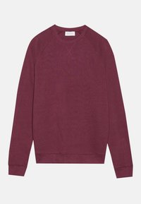 Sweatshirt maron cu guler rotund, cu mâneci raglan, manșete și tiv elastic, realizat dintr-un material moale, cu un design simplu și curat.
