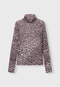 Langarm-Turtleneck-Shirt aus leichtem, glattem Stoff mit einem pink- und braun gefleckten Leopardenmuster.