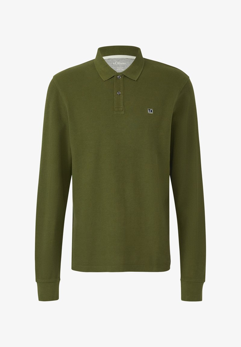 Olive roheline pikavarrukaline polosärk krae, kahe nupu ja väikese brändilogo vasakul rinnal.