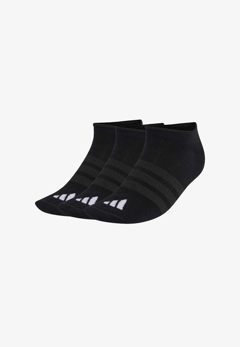 Čierne členkové ponožky s textúrovaným pletením, s tromi horizontálnymi pruhmi a bielym logom na prstoch. Sada troch párov.