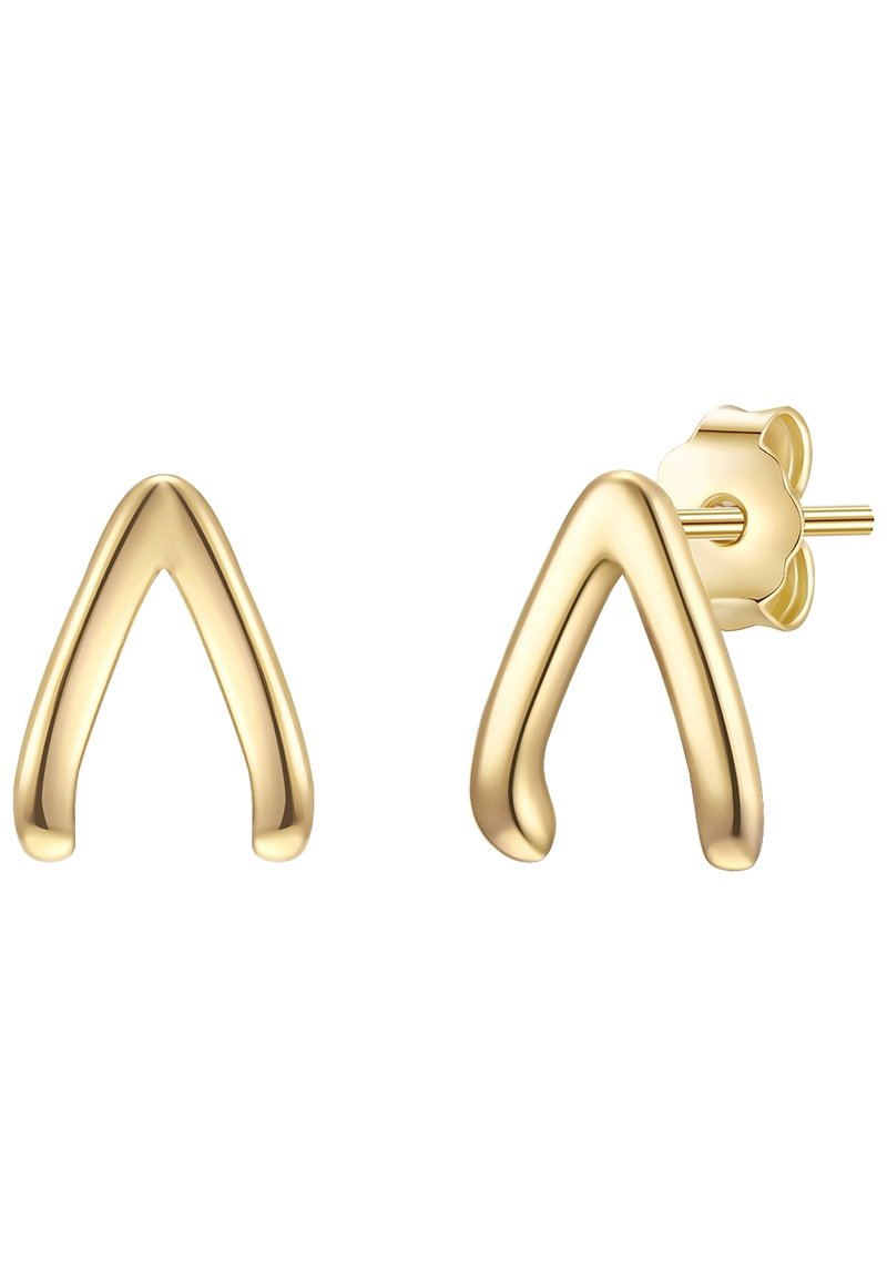 Pendientes de metal dorado en forma de "V" abstracta y estilizada, con superficies lisas y brillantes y cierre trasero seguro.