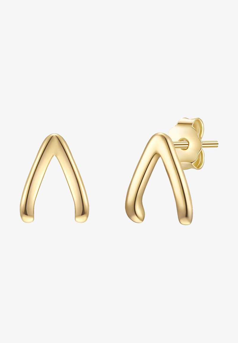 Pendientes de metal dorado en forma de "V" abstracta y estilizada, con superficies lisas y brillantes y cierre trasero seguro.