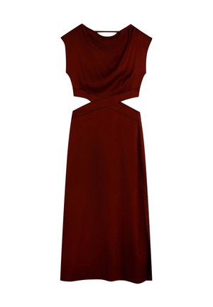 Rochie visinie cu decolteu drapat, t ăieri pe laterale și talie bine conturată. Materialul are o textură fină, lungime până la genunchi cu o tăietură ușoară.