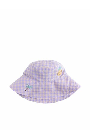Lavender and white gingham bucket hat with embroidered small pineapple and palm tree decorations on the brim.