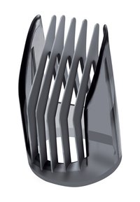 Grå plast hårklipper beskyttelse med flere aflange slots, afrundede kanter og en glat overflade; designet til justerbare klippe længder.