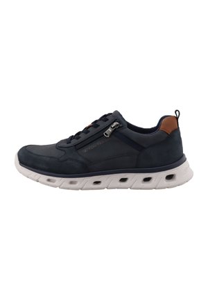 Baskets bleu foncé avec semelle blanche, fermeture éclair latérale, laçage à l'avant et détail en cuir marron au talon.