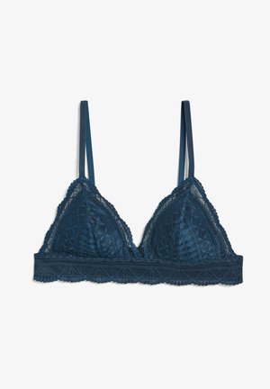 Türkisfarbener Spitzen-Bralette mit dreieckiger Cups-Form, verstellbaren Satinschulterträgern und einem breiten Spitzenband mit gewelltem Saum und floralem Muster.