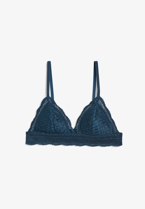 Bralette en dentelle bleu-vert avec des bonnets en forme de triangle, des bretelles en satin réglables et une large bande en dentelle avec un ourlet en dentelle et des motifs floraux.