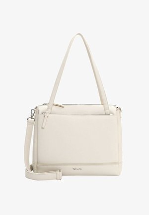 Kremo spalvos odinė rankinė su dviem rankenomis, nuimamu petnešos diržu, užtrauktuku, tekstūruotu paviršiumi ir subtiliu logotipu apačioje.