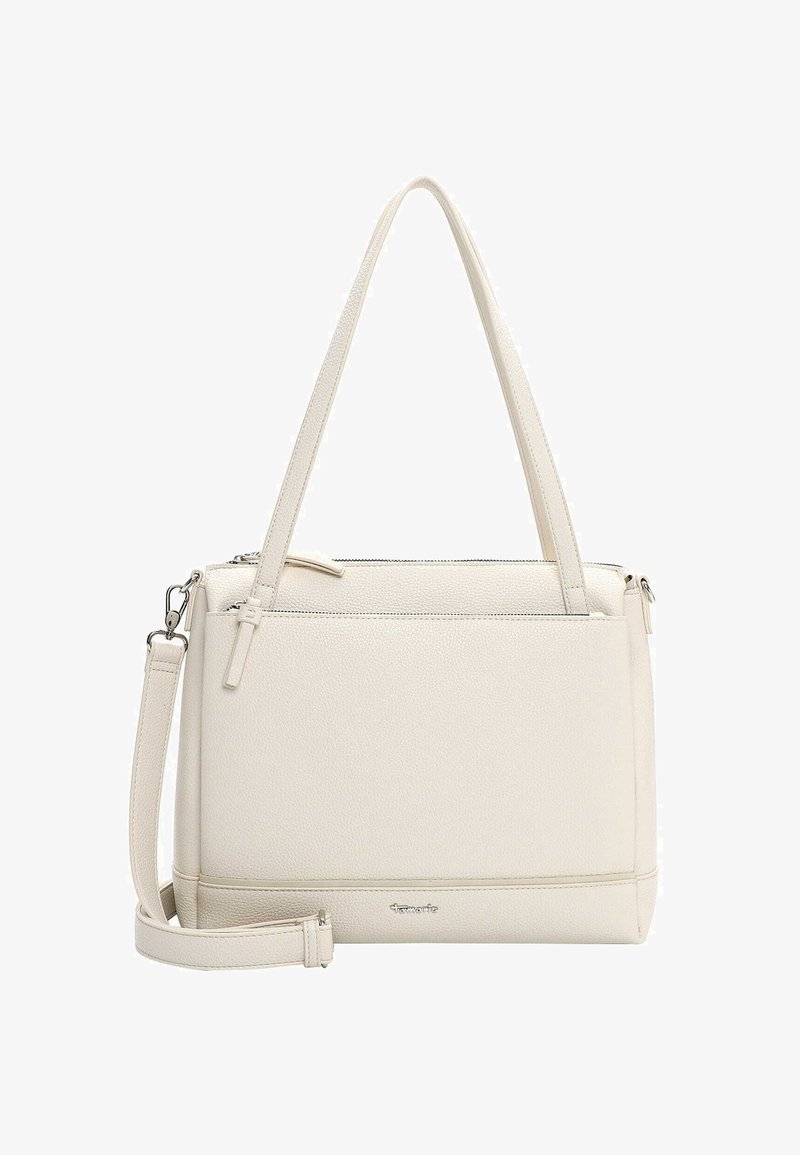 Kremowa skórzana torebka z dwoma uchwytami, odpinanym paskiem na ramię, zamkiem błyskawicznym, teksturowanym wykończeniem i subtelnym logo u podstawy.