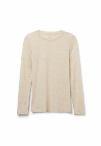 Langärmliges Oberteil, leicht, beige, weiche Textur, runder Halsausschnitt, dezentes meliertes Muster, gerader Schnitt, keine sichtbaren Beschläge.