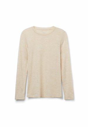 Langärmliges Oberteil, leicht, beige, weiche Textur, runder Halsausschnitt, dezentes meliertes Muster, gerader Schnitt, keine sichtbaren Beschläge.