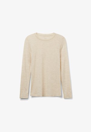Langärmliges Oberteil, leicht, beige, weiche Textur, runder Halsausschnitt, dezentes meliertes Muster, gerader Schnitt, keine sichtbaren Beschläge.