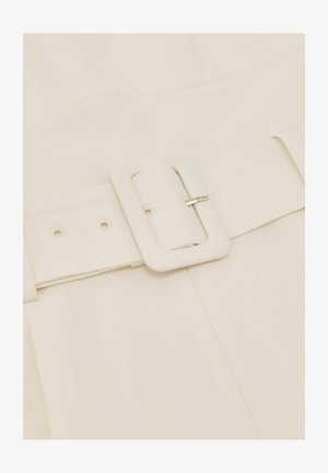 Valge kangast vöö, millel on heledast hallist metallist ristkülikukujuline sile pandlaga. Vööl on reguleeritavad augud ja lame, tekstuuriga rihm.