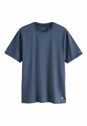 Navy blue short-sleeve athletic t-shirt with crew neck, lightweight textured fabric, and small logo tag near the bottom hem.