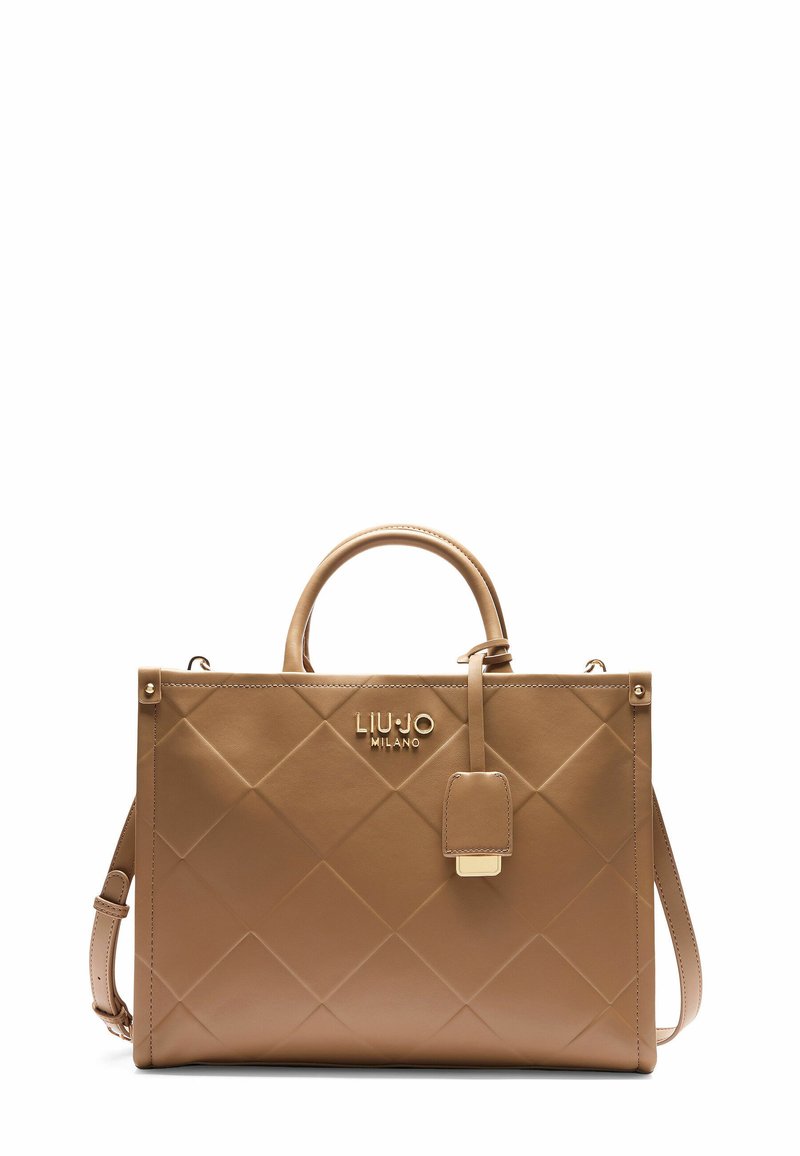 Borsa a tracolla in pelle tan con motivo trapuntato, doppio manico, tracolla regolabile e dettagli in logo e hardware color oro.