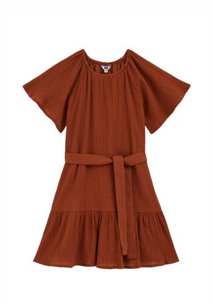Vestito a maniche corte color ruggine con scollo rotondo, tessuto strutturato, cintura in tessuto in vita e orlo arricciato.