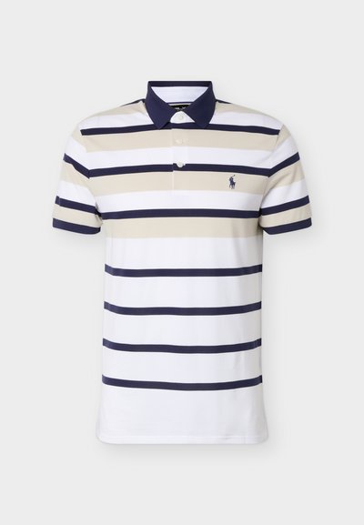 Polo à manches courtes avec des rayures horizontales bleu marine et beige et un col bleu marine, avec un petit logo cheval sur la poitrine gauche.