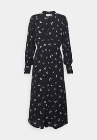 Črna obleka s ovratnikom, dolgimi napihnjenimi rokavi, gumbom spredaj in cvetličnim vzorcem v bele in modre barve. Mehka, lahka tkanina z pridihom tokajočega dizajna.