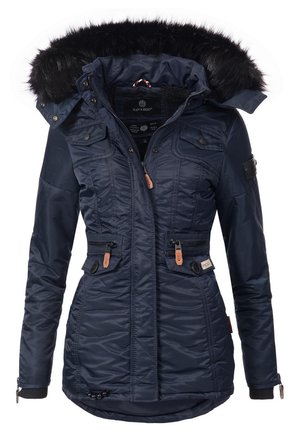 Navy blue insulated jacket with a faux fur-lined hood, zippered pockets, and leather accents on the front, featuring a fitted waist.