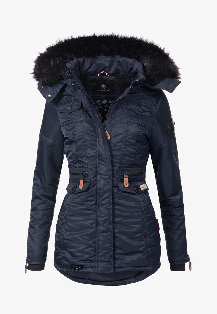 Navy blue insulated jacket with a faux fur-lined hood, zippered pockets, and leather accents on the front, featuring a fitted waist.