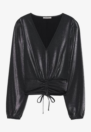 Schwarze metallische Bluse mit tiefem V-Ausschnitt, gerafftem Stoff um die Taille und langen Puffärmeln; verfügt über einen Bindeschluss am Saum.