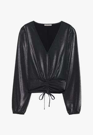 Czarna metaliczna bluzka z głębokim dekoltem w kształcie V, marszczonym materiałem w okolicy talii oraz długimi bufkami; posiada zapięcie na wiązanie na dole.