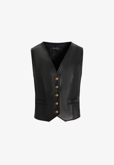 Melnas ādas veste ar dziļu V veida kakla izgriezumu, ar zelta pogām priekšā un divām sānu kabatām. Gluda tekstūra, pielāgota siluets.