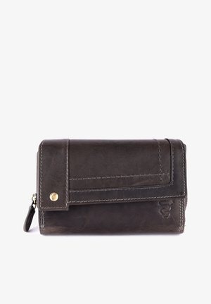 Dark brown leather wallet with a flap closure, visible stitching, and a brass snap. Features a zippered compartment on the side.