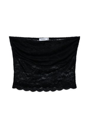 Czarny koronkowy top bandeau z falistymi krawędziami i małą metką rozmiaru z napisem „Terranova S” na wewnętrznej górnej części na środku.