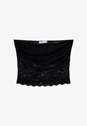Czarny koronkowy top bandeau z falistymi krawędziami i małą metką rozmiaru z napisem „Terranova S” na wewnętrznej górnej części na środku.