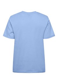 Jasnoniebieska, gładka koszulka z krótkim rękawem, widziana od tyłu, z okrągłym dekoltem i standardowym krojem.