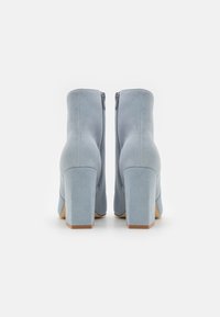 Un par de botines de ante azul claro con tacones cuadrados y cremalleras laterales, vistos desde atrás sobre un fondo blanco.