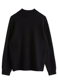 Schwarzer Pullover mit hochgeripptem Kragen, überschnittenen Schultern, langen Ärmeln und geripptem Saum. Isoliert, weiche Textur und einfaches Design.