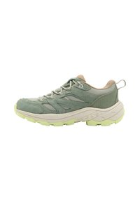 Light green outdoor sneaker with mesh and suede upper, beige accents, and a textured beige and light green rubber sole. Features reinforced eyelets.