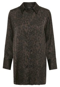 Leopardmönstrad skjorta i mörkbrun och svart, gjord av slät tyg, med knappstängning fram, långa ärmar och en klassisk krage.