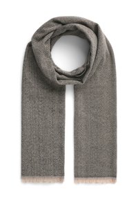 Sciarpa a motivo a zigzag in grigio e beige con bordi frangiati. Realizzata in tessuto morbido, presenta un design leggero e strutturato.