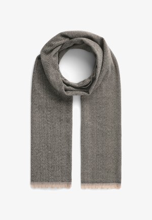 Sciarpa a motivo a zigzag in grigio e beige con bordi frangiati. Realizzata in tessuto morbido, presenta un design leggero e strutturato.
