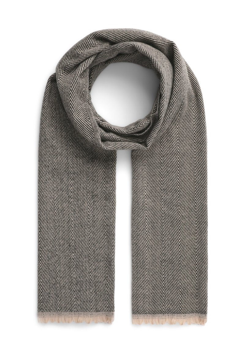 Sciarpa a motivo a zigzag in grigio e beige con bordi frangiati. Realizzata in tessuto morbido, presenta un design leggero e strutturato.