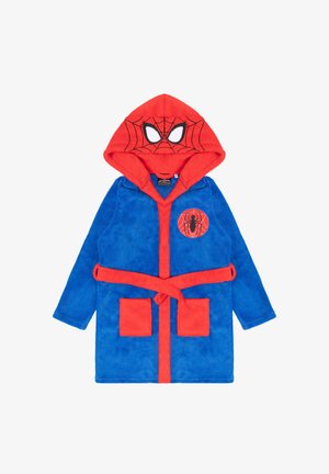 Blauer Fleece-Bademantel mit einer roten Kapuze im Spinnennetzdesign. Er hat zwei Taschen und einen passenden Bindegürtel. Auf der linken Vorderseite befindet sich ein Spider-Man-Emblem.