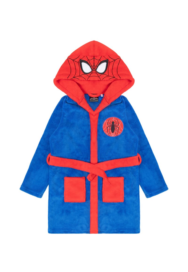Blauer Fleece-Bademantel mit einer roten Kapuze im Spinnennetzdesign. Er hat zwei Taschen und einen passenden Bindegürtel. Auf der linken Vorderseite befindet sich ein Spider-Man-Emblem.