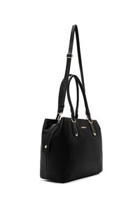Borsa a tracolla in ecopelle nera con doppi manici superiori, tracolla rimovibile, accessori in metallo dorato e dettagli testurizzati sui lati.